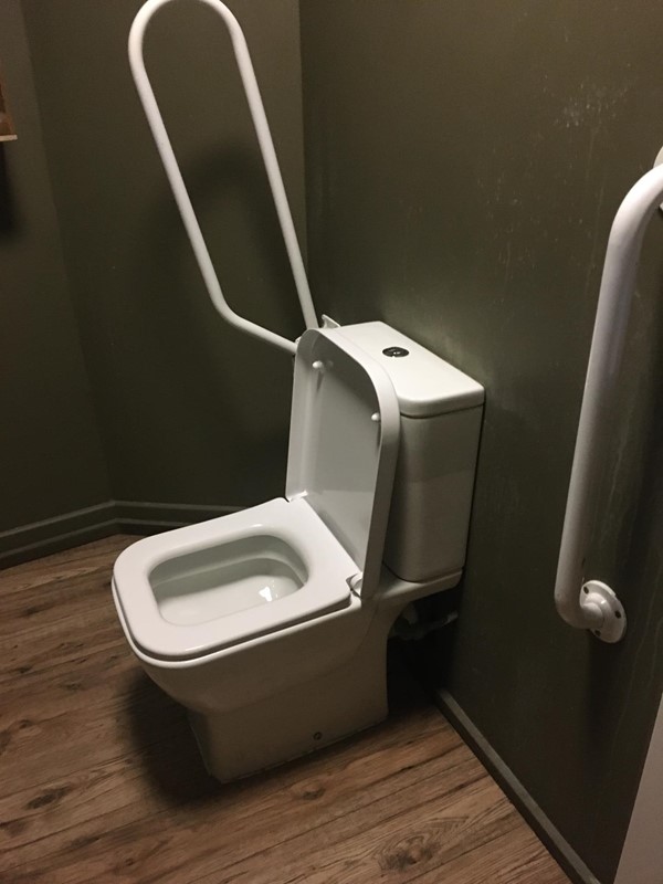 Toilet in low and clean, grab rails at both sides