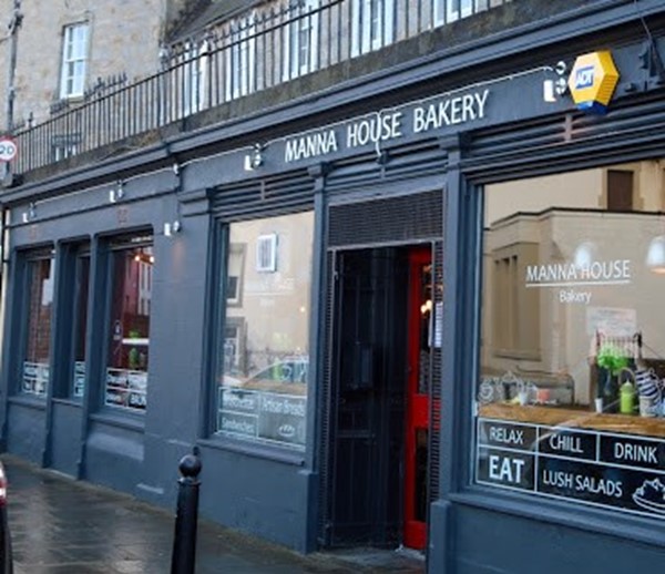 Front of cafe, double doors entry