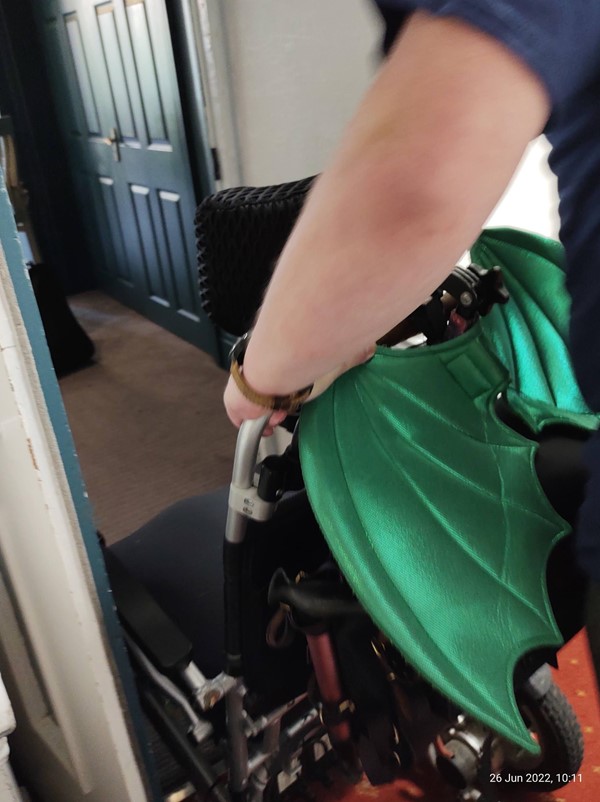 Picture of a man pushing an empty wheelchair with green shiny bat-wings attached