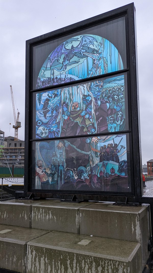 Image of a glass window by the Riverside showing Hodor and the White Walkers from Game of Thrones
