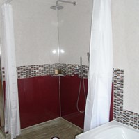 Shower in the ground-floor wet-room. A shower chair is available.