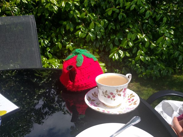 The teapots come with hand knitted tea cozies.