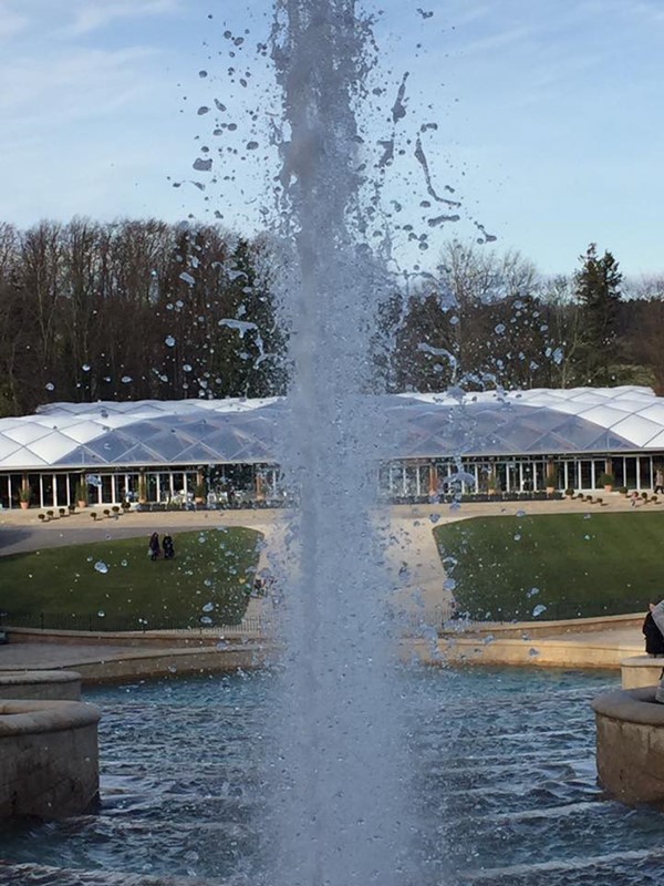 Water feature and Gardens cafe.
