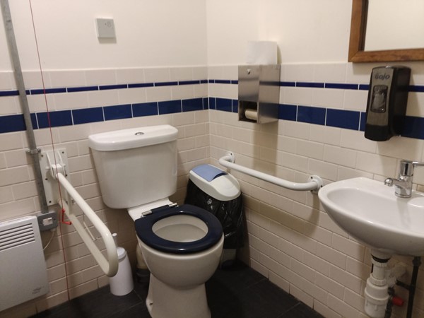 Simple but functional accessible toilet with red cord hanging to the floor.