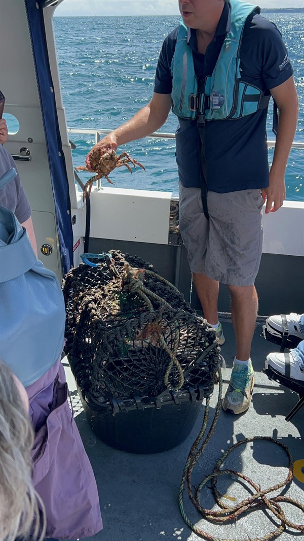 Image of a man with a basket of crabs.