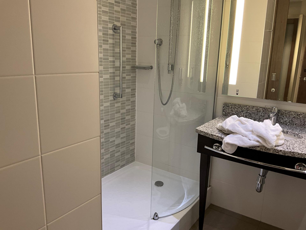 A shower unit, which had a small step to get up