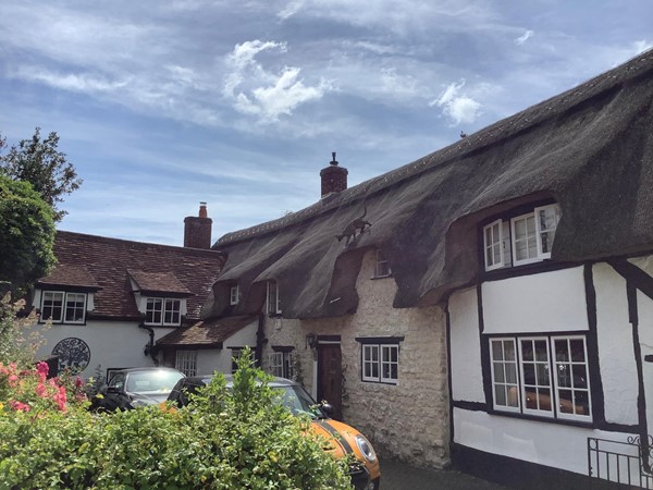 Picture of the back of a house with two cars parked there