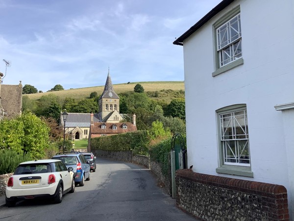 Road with church in distance