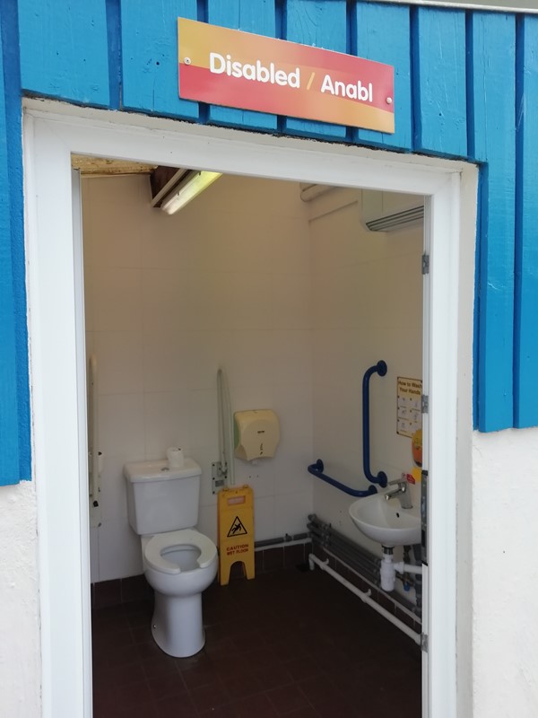 Disabled Toilet taken from outside. Impossible to get wheelchair in, and then close the door.