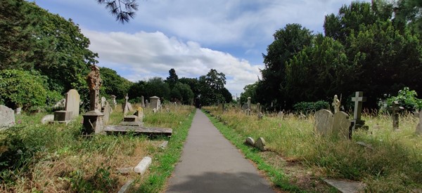 A long path with ramshackle old graves on both sides
