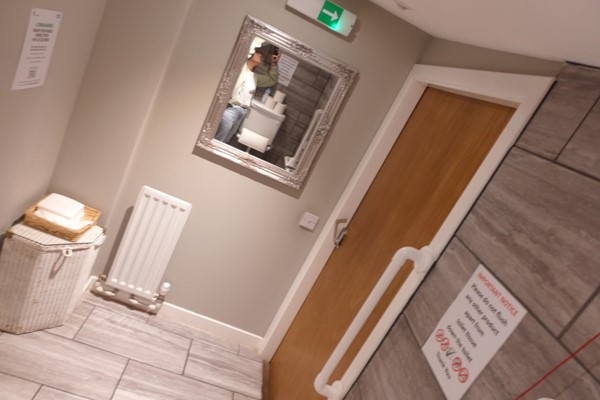 Image of the other side of the disabled toilet room showing the mirror and door.