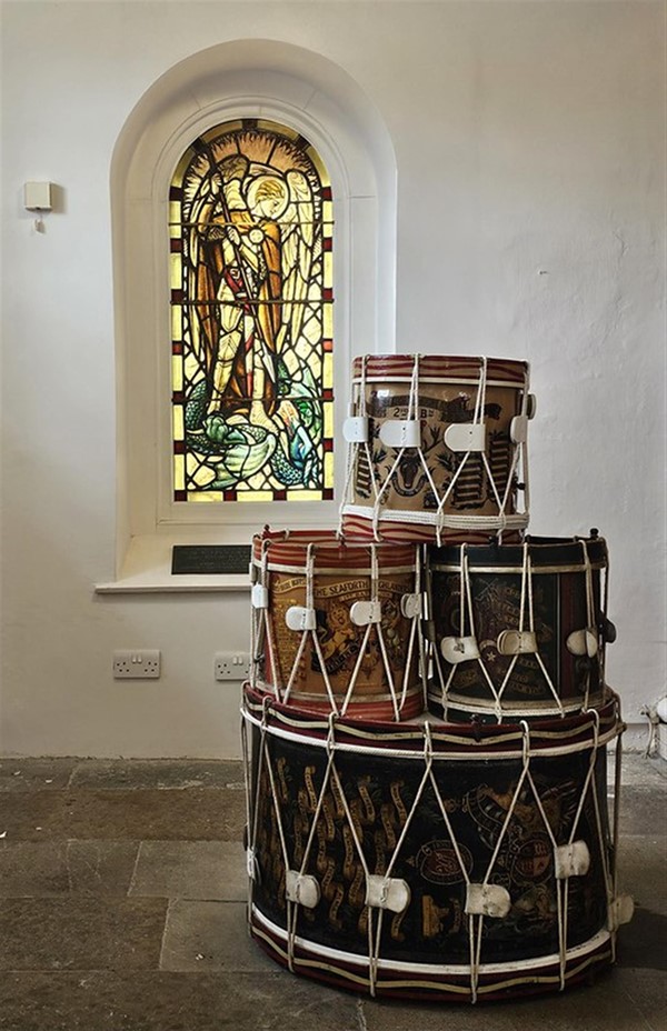 Drums and stained glass in the chapel