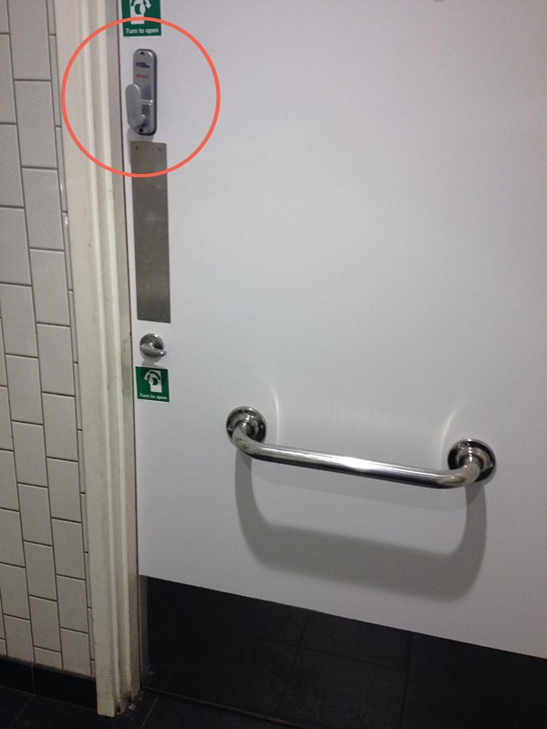 Picture of Pret A Manger Lower George Stree - Absurdly high door release for getting out of the "accessible" toilet cubicle - not practical for many wheelchair users.