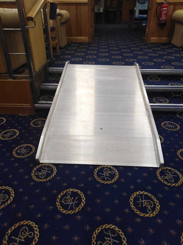 The temporary ramp. Sturdy but steep.