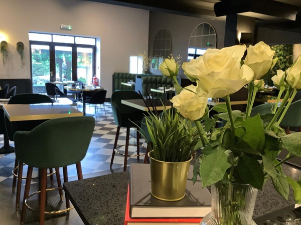 The restaurant is very attractive, black and white tiles added much to the dark furnishings.