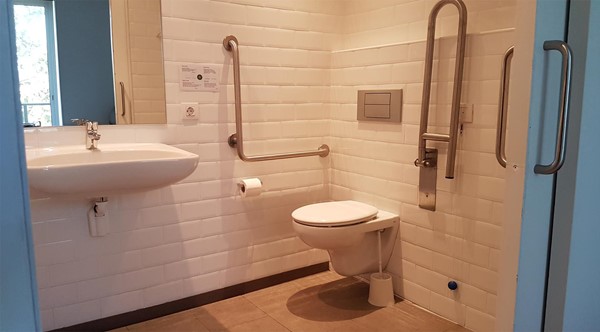 Accessible bathroom with grab rails/bars next to toilet.