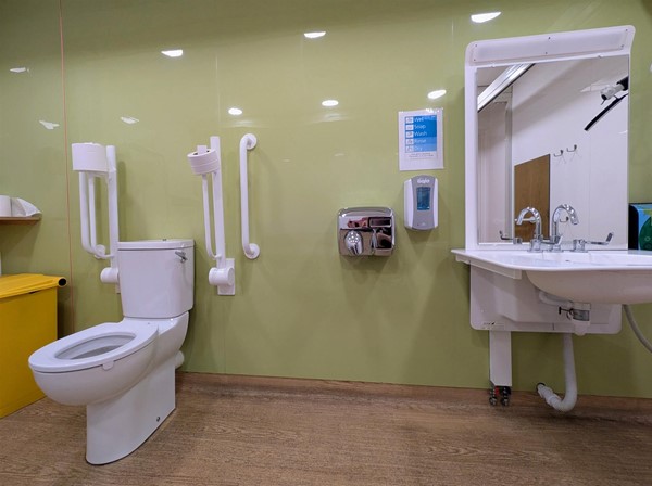 Image of toilet, height-adjustable sink, soap dispenser and hand dryer