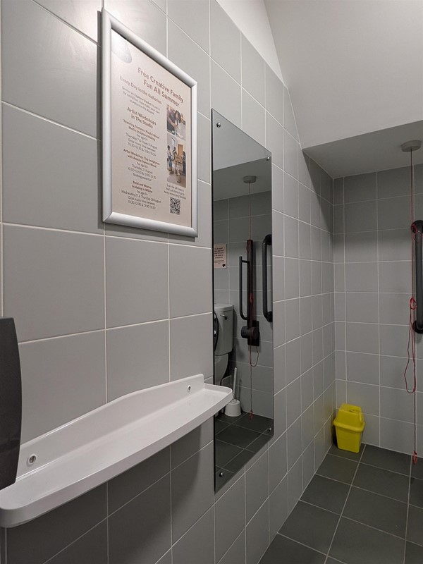 image of the colostomy shelf and mirror the inside the accessible bathroom