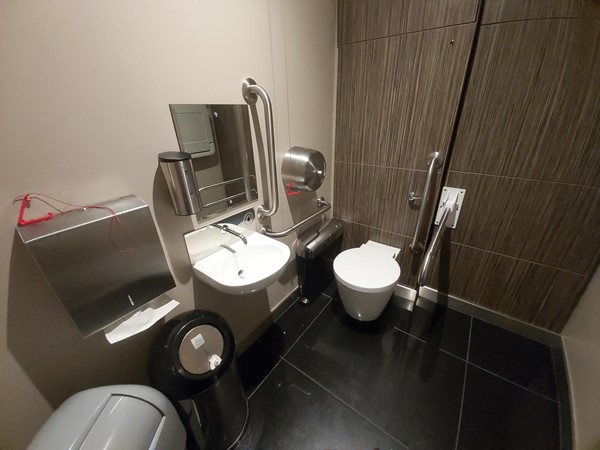 Accessible toilet, not the broken emergency cord with the broken off part sitting on top of the paper towel dispenser