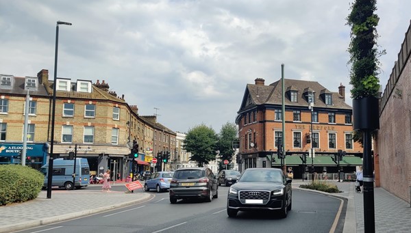 A view of the pub from about halfway to the station.