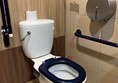 Image of toilet showing handrails on either side, red cord hanging to floor and toilet roll dispenser on left hand side.
