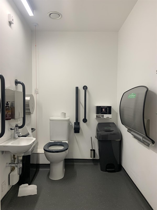 image of the inside of the accessible bathroom showing the sink, toilet, large bin and baby change
