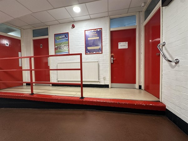 Image of non-accessible toilets with a grab rail by the step up and a guard rail by the doors.