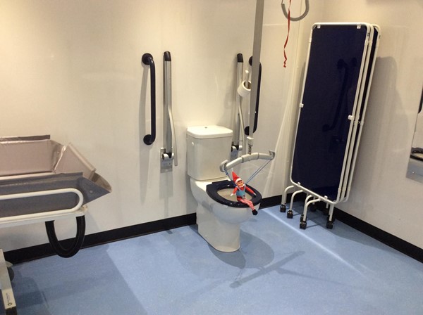 Inside the Changing Places toilet, with Alfie the Elf demonstrating how the ceiling hoist enables him to use the toilet.