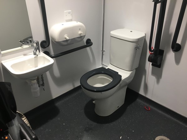 This was the biggest toilet I found, not well signposted, no turning circle, no radar key. We cleaned this before taking a photo. Handy toilet roll dispenser.