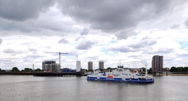 View of the Woolwich Ferry terminal and the ferry