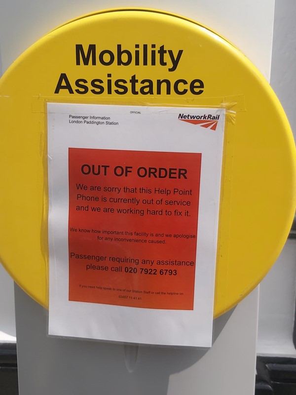 Mobility assistance out of order sign