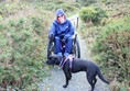 Me in my trike with dog on a compacted gravel path with heather and ferns on either side.