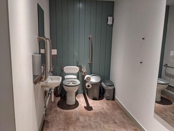 The accessible toilet on the bottom floor with a sink, toilet, bin, grab rails and the red emergency cord complete with a Euan's Guide Red Cord Card attached.