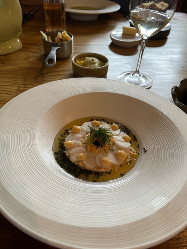 My starter - Dressed Cromer Crab, Pickled Turnip, Brown Crab Mayonnaise, Smoked Caviar, Candied Grapefruit, Citrus