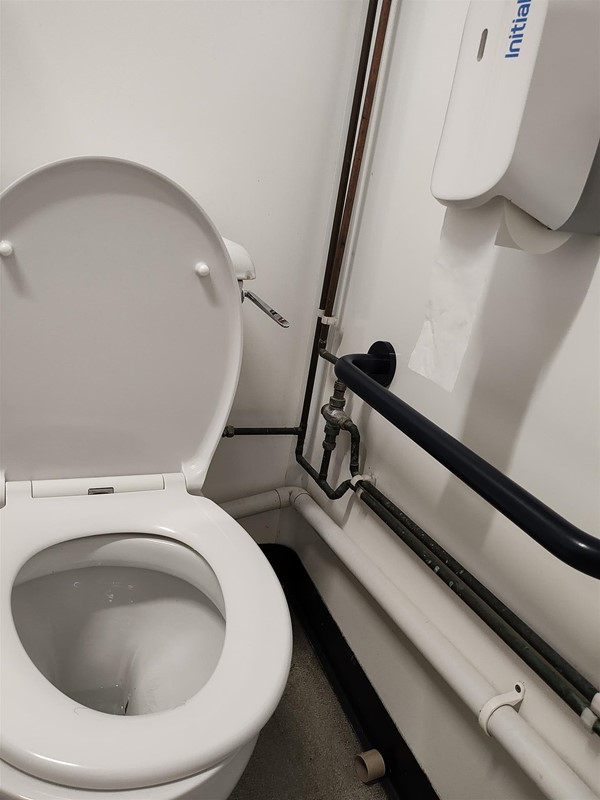 Image of the toilet with the flusher handle on the side close to the wall meaning it is difficult for someone using a wheelchair, balance issues or shorter reach distance to flush the toilet