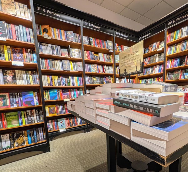 Image of shop displays with shelving and tables