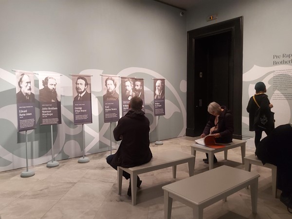 Bench seating in the Pre-Raphaelite Sisters exhibition