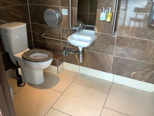 Disabled toilet. Nicely tiled in brown wall tiles with cream floor tiles, spacious and spotlessly clean, with grab rails and pull cord