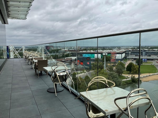 On a warm sunny day you may want to sit outside and enjoy the views over the NEC, but of course the seats are dominated by smokers, a right nuisance, so we are forced to stay indoors, but never mind, it’s a really nice bar area.