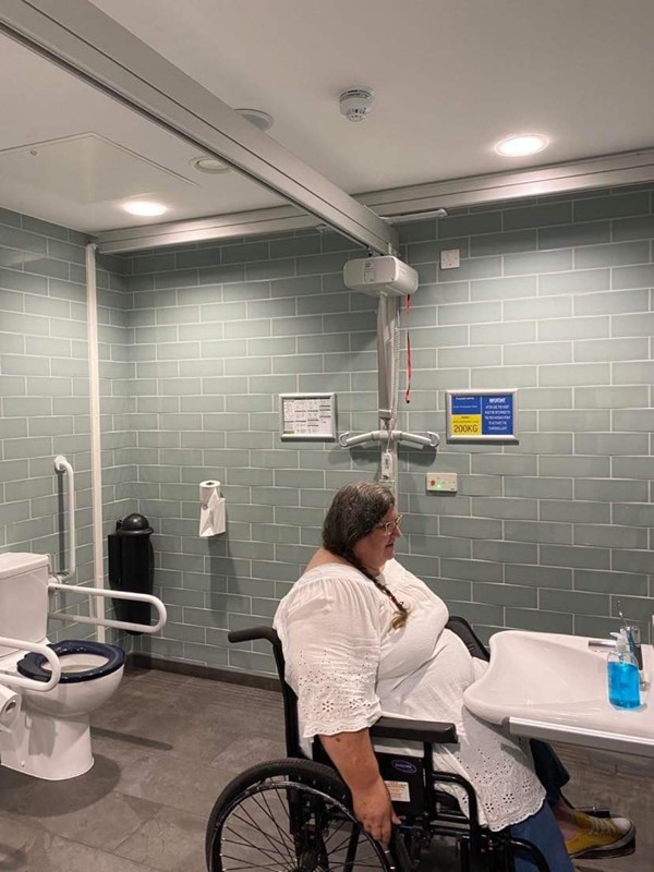 Picture of a wheelchair user in front of a height adjustable basin