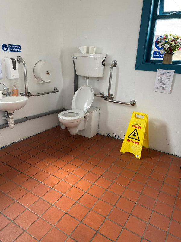 Picture of the toilet with a caution wet floor sign