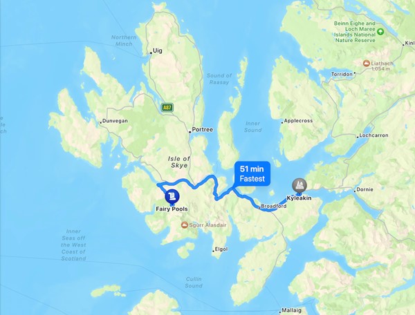 Map showing route from Kyleakin to the Fairy Pols