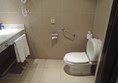 Toilet in bathroom with grab rail