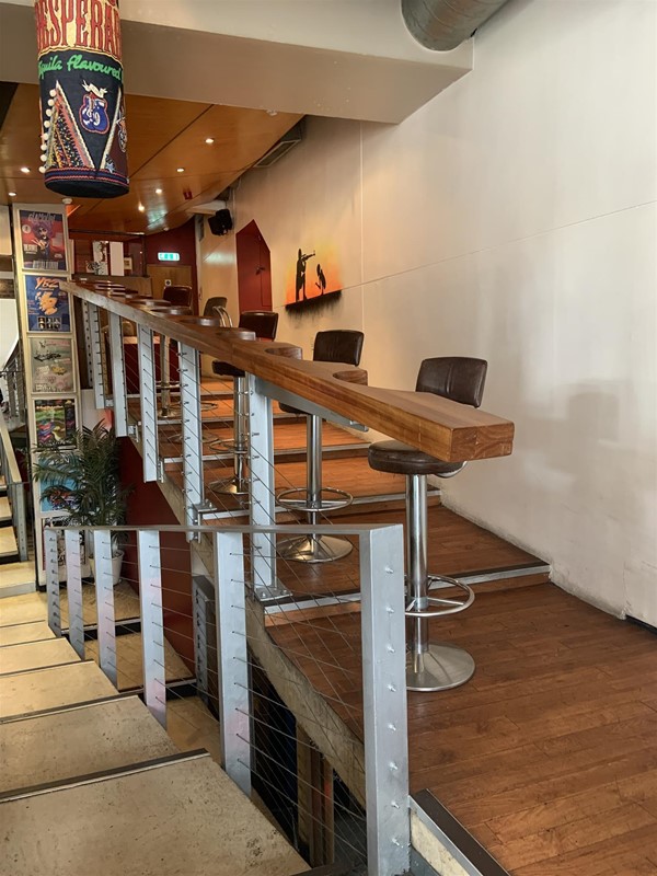 Image of a long thin table with tall stools
