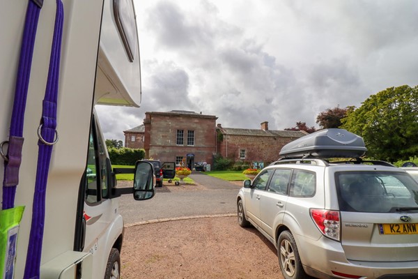 Entrance to shop and ticket office from the car park. Short tarmac path.