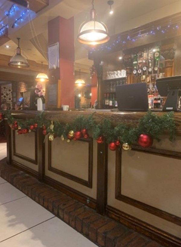 View of bar with Christmas decorations