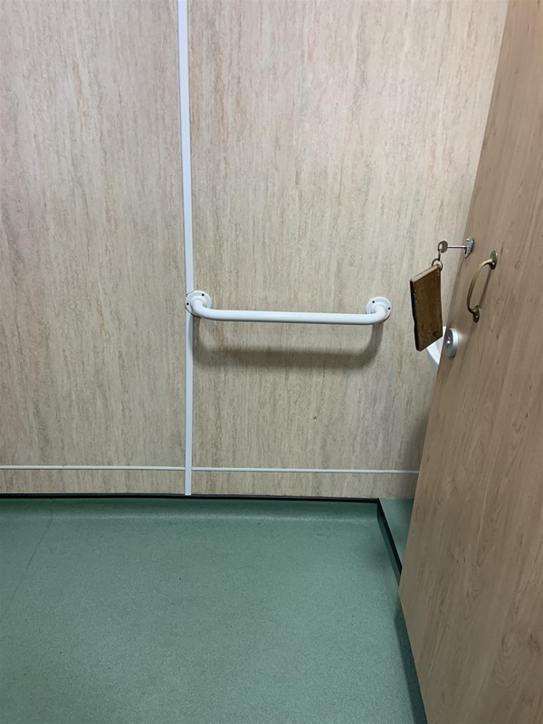 Image of a grab rail and a  door with a key in the lock