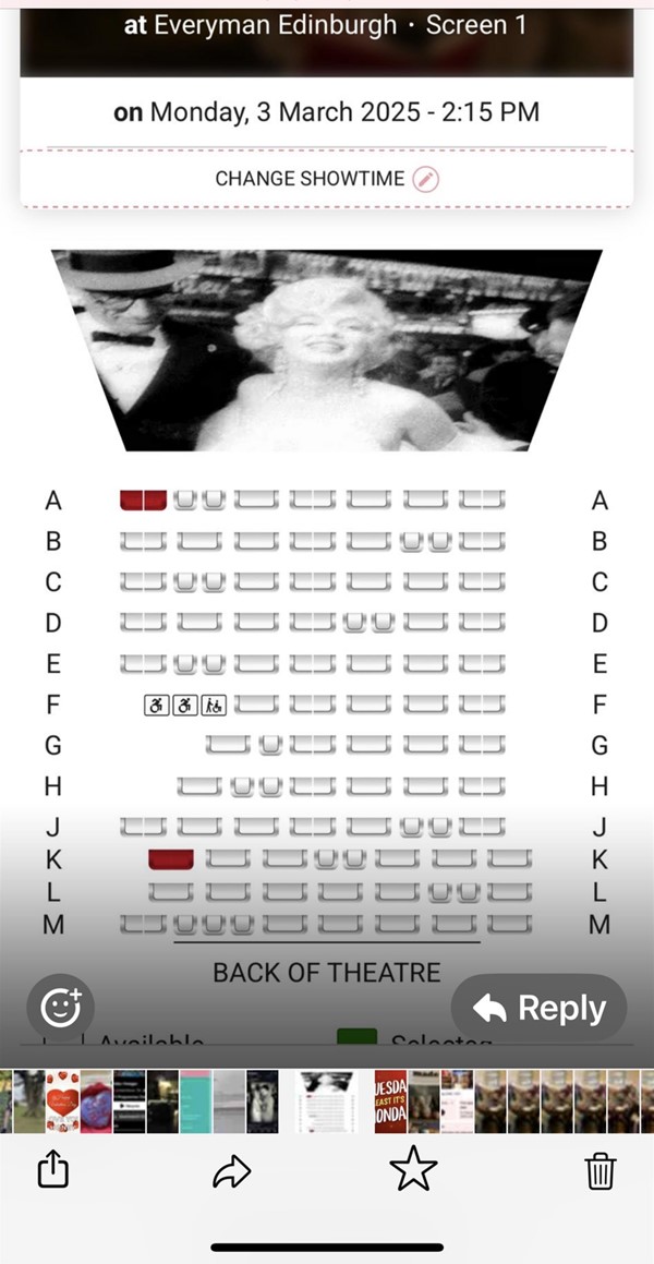 Layout of screen one. Red seats indicate wheelchair spaces