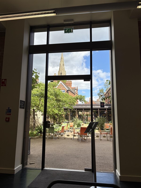 View of Leicester Cathedral from inside the visitor's centre