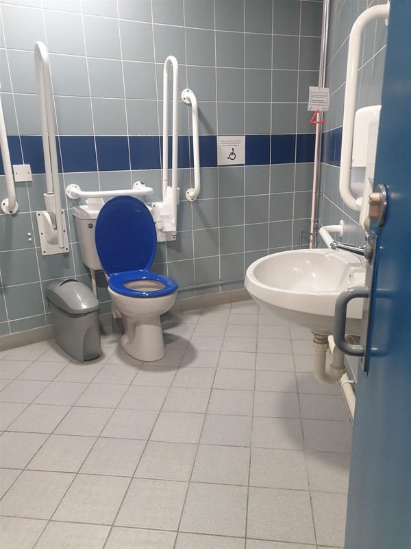 Disabled toilet, there is much more room to the left of the picture with a full mirror and coat/bag hook